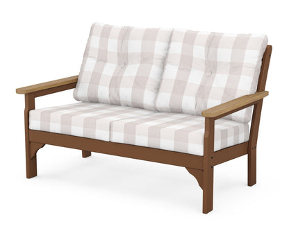 POLYWOOD® Vineyard Deep Seating Loveseat in Teak / Natural / Buffalo Plaid Dune Burlap