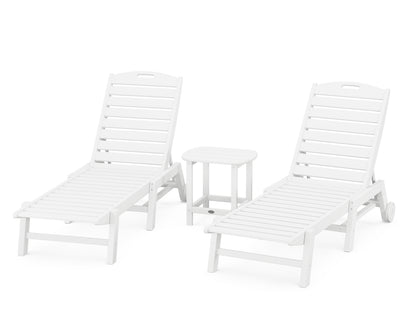 POLYWOOD® Nautical 3-Piece Chaise Lounge with Wheels Set with South Beach 18" Side Table in White