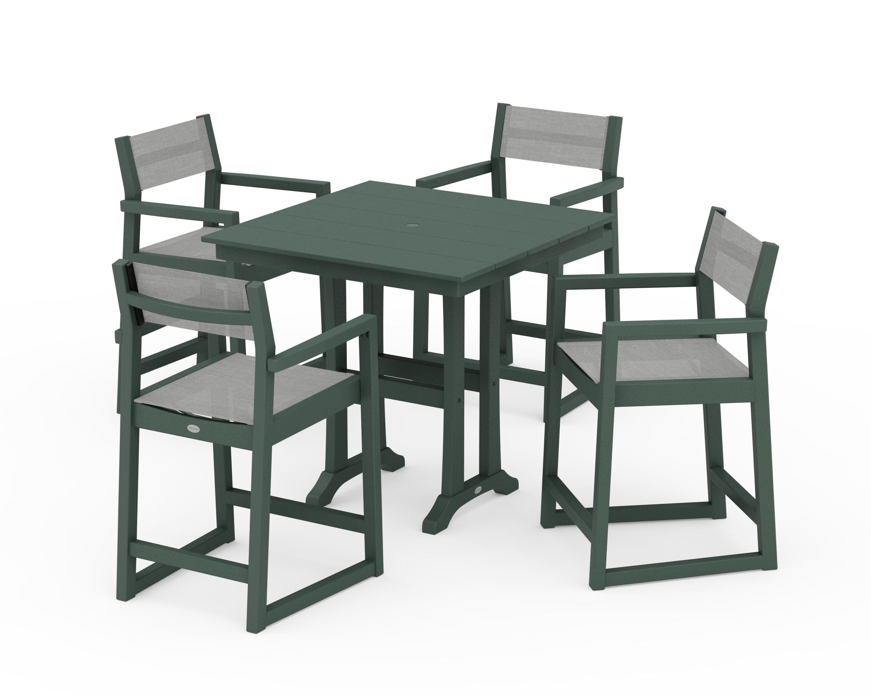 POLYWOOD® EDGE Sling Arm Chair 5-Piece Farmhouse Counter Set with Trestle Legs in Green / Metallic Sling
