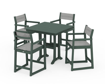 POLYWOOD® EDGE Sling Arm Chair 5-Piece Farmhouse Counter Set with Trestle Legs in Green / Metallic Sling