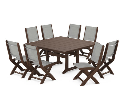 POLYWOOD® Coastal Folding Side Chair 9-Piece Farmhouse Dining Set in Mahogany / Metallic Sling