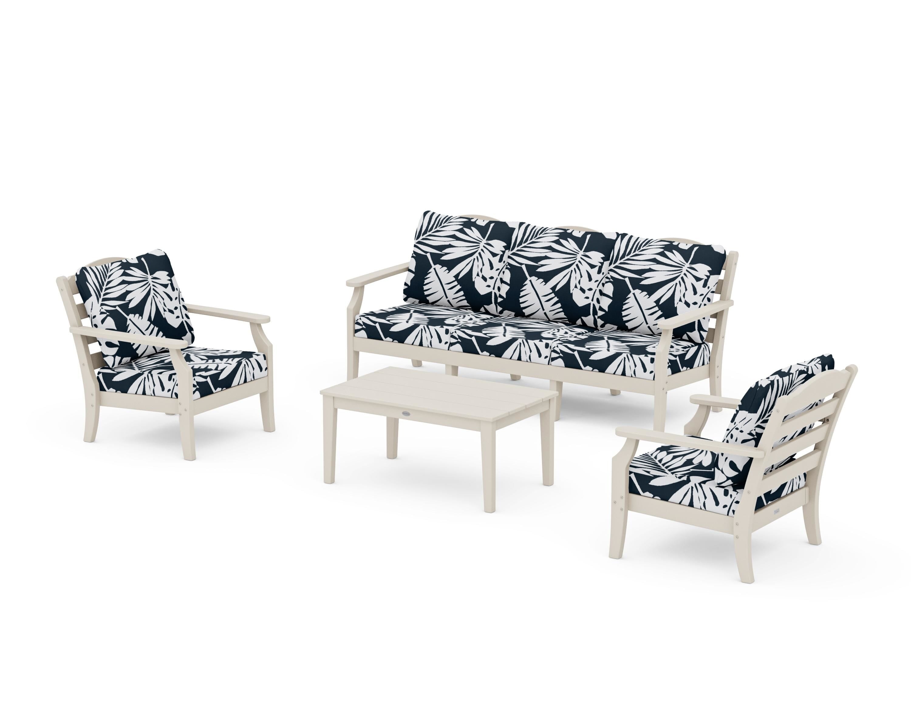 Draper James™ by  POLYWOOD® Savannah 4-Piece Deep Seating Set with Sofa in Sand / Leaf Marine Indigo