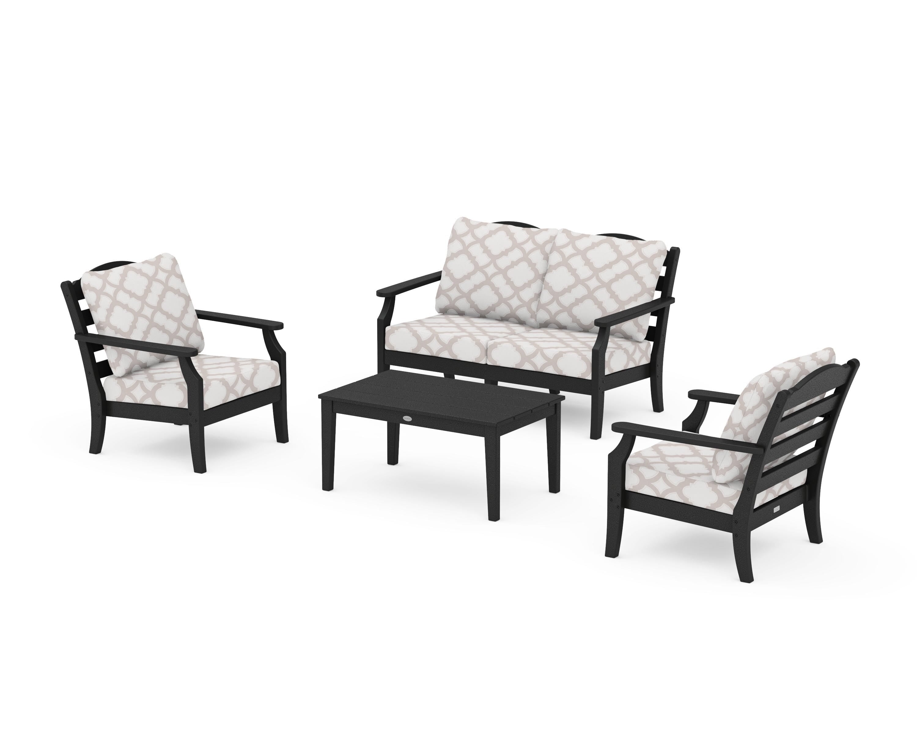 Draper James™ by  POLYWOOD® Savannah 4-Piece Deep Seating Set with Loveseat in Black / Trellis Dune Burlap