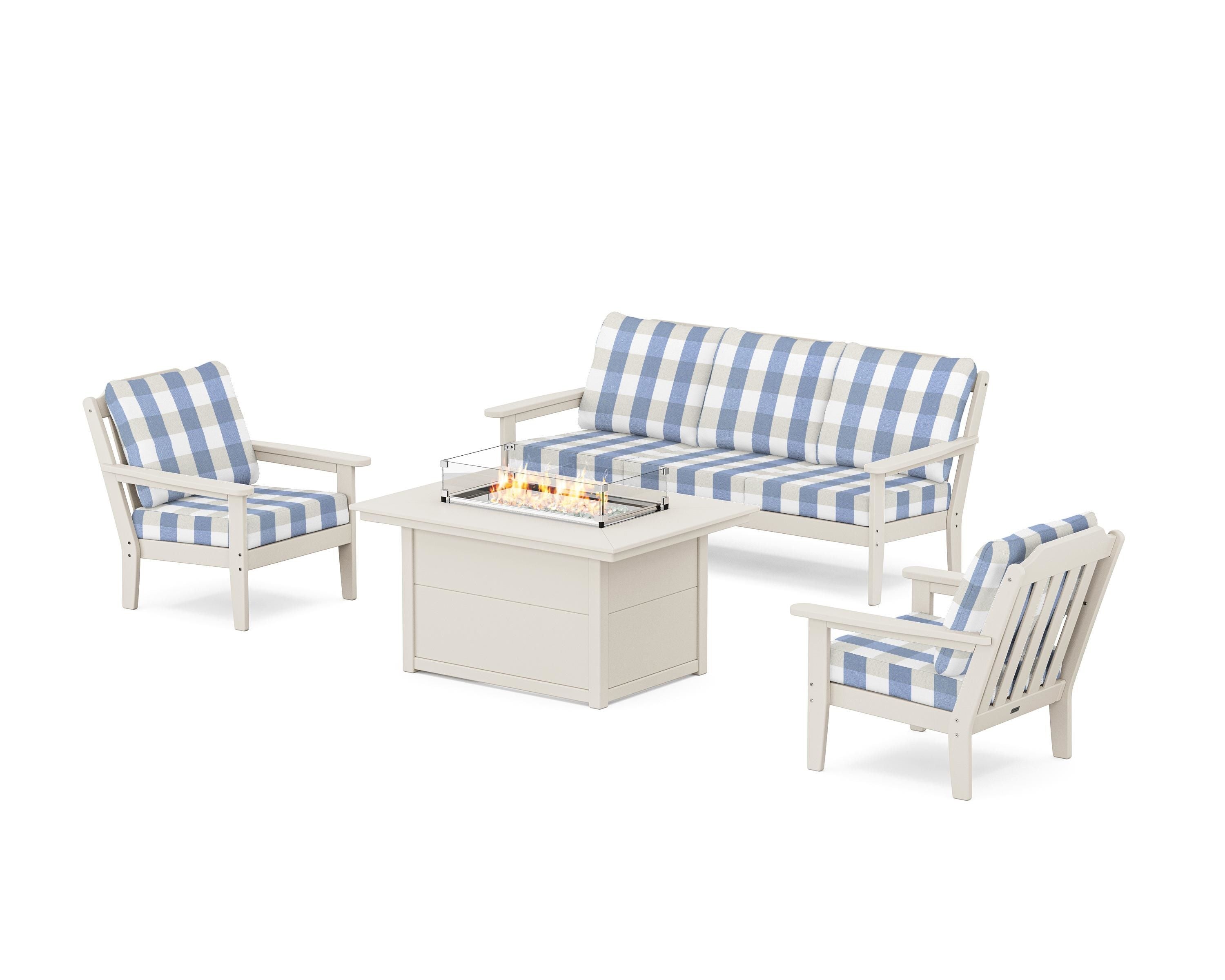 Country Living Cottage Deep Seating Fire Pit Table Set in Sand / Buffalo Plaid Sky Blue