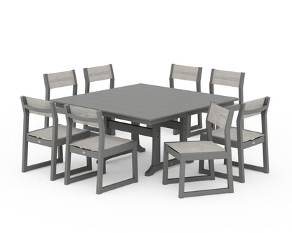 POLYWOOD® EDGE Sling Side Chair 9-Piece Farmhouse Trestle Dining Set in Slate Grey / Birch Sling