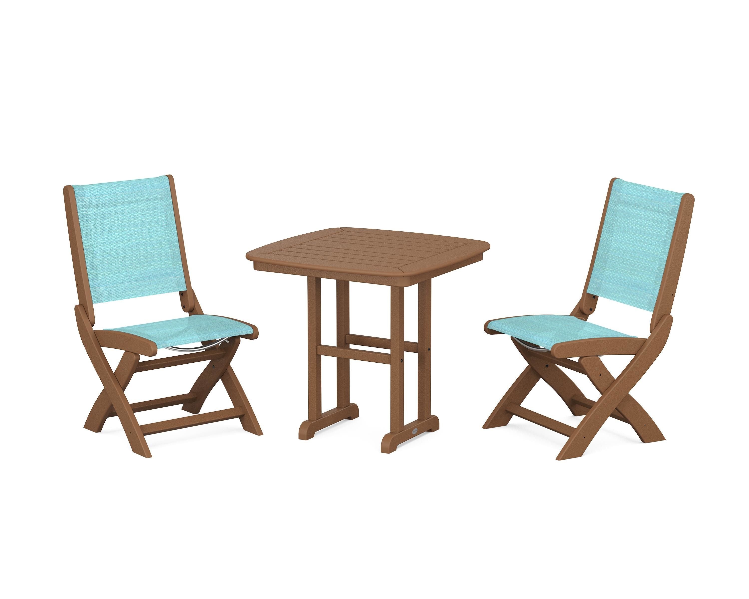 POLYWOOD® Coastal Folding Side Chair 3-Piece Dining Set in Teak / Dupioni Aquamarine Sling
