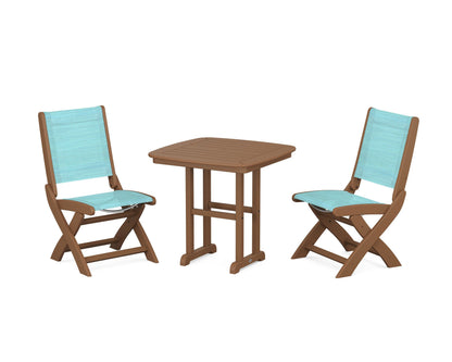 POLYWOOD® Coastal Folding Side Chair 3-Piece Dining Set in Teak / Dupioni Aquamarine Sling