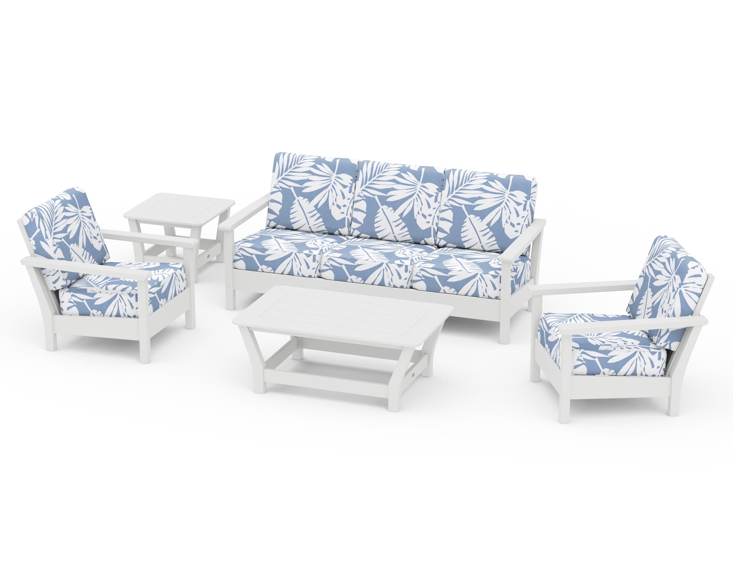 POLYWOOD® Harbour 5-Piece Deep Seating Set in White / Leaf Sky Blue