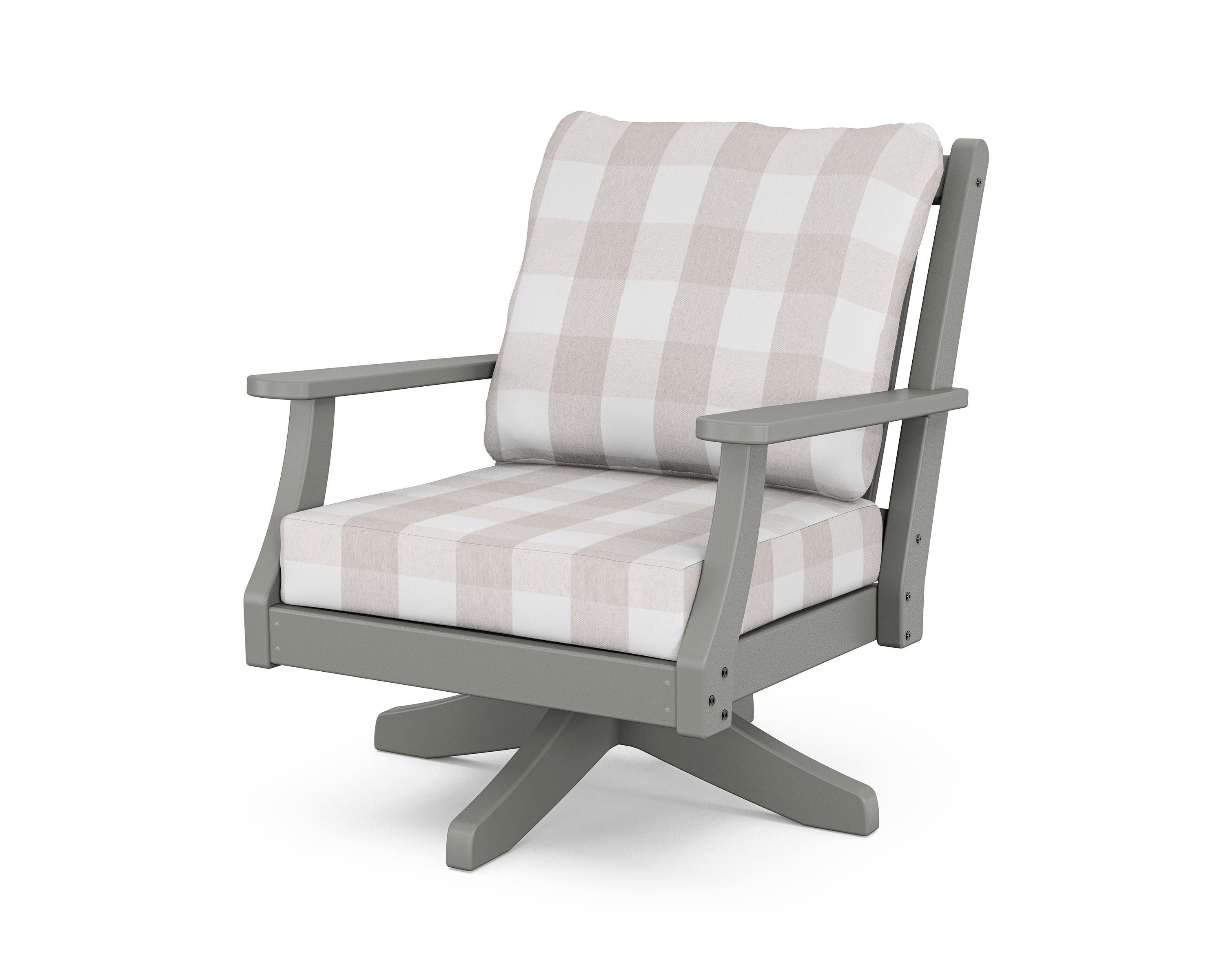 Country Living Wovendale Deep Seating Swivel Chair in Slate Grey / Buffalo Plaid Dune Burlap