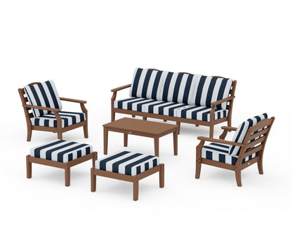 Draper James™ by  POLYWOOD® Savannah 6-Piece Lounge Sofa Set in Teak / Cabana Stripe Marine Indigo