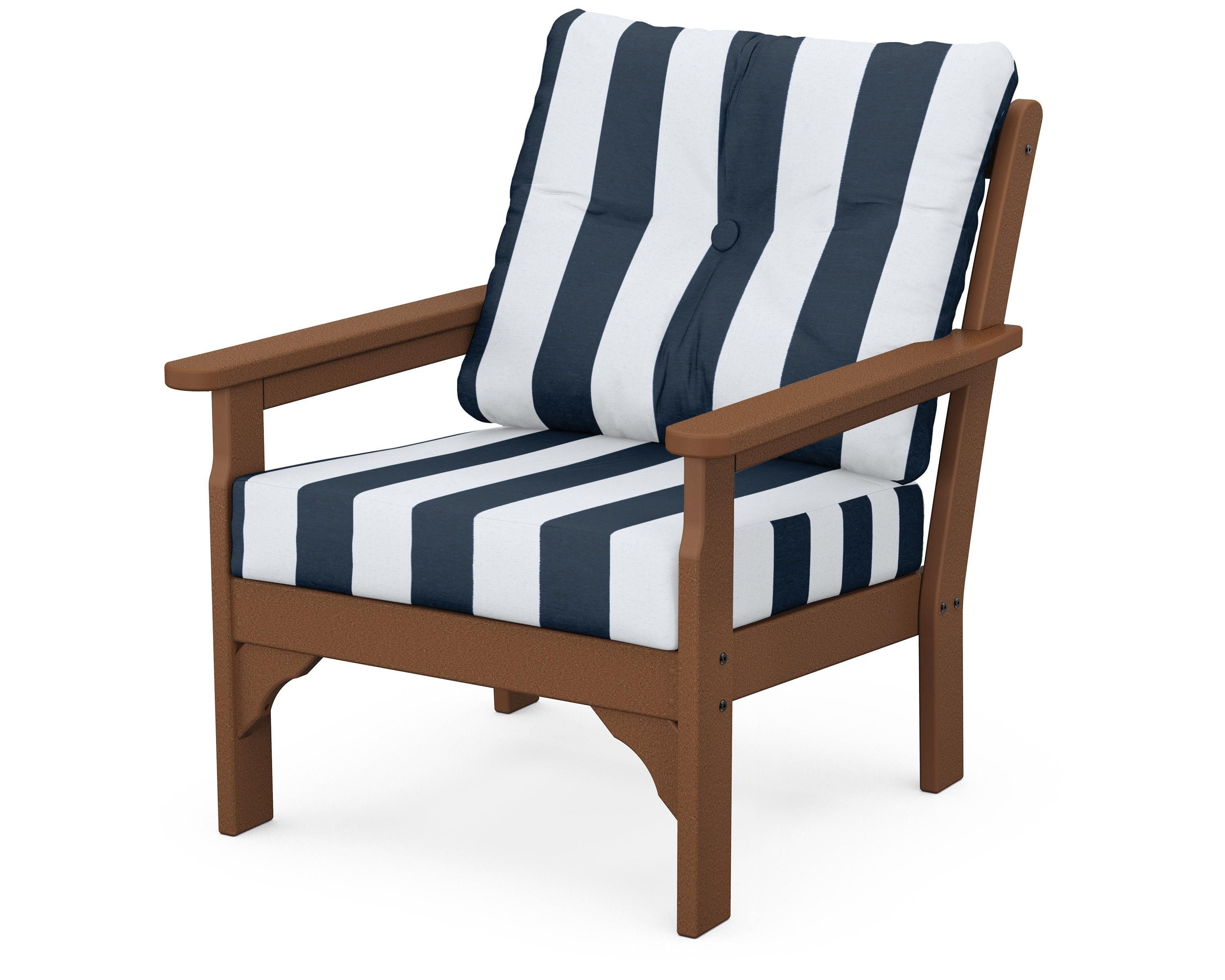 POLYWOOD® Vineyard Deep Seating Chair in Teak / Cabana Stripe Marine Indigo