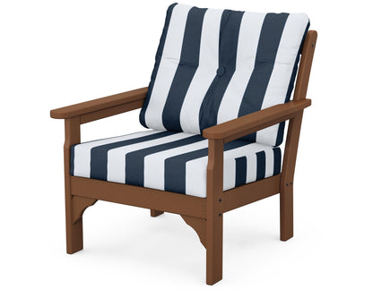 POLYWOOD® Vineyard Deep Seating Chair in Teak / Cabana Stripe Marine Indigo