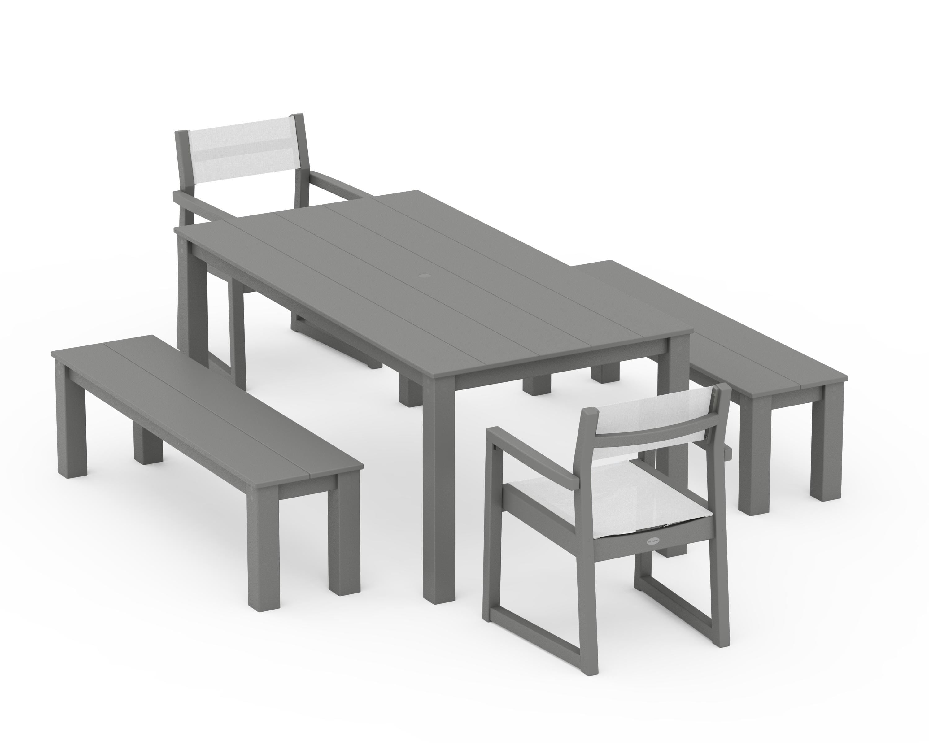 POLYWOOD® EDGE Sling Arm Chair 5-Piece Parsons Dining Set with Benches in Slate Grey / White Sling