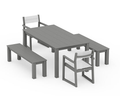 POLYWOOD® EDGE Sling Arm Chair 5-Piece Parsons Dining Set with Benches in Slate Grey / White Sling
