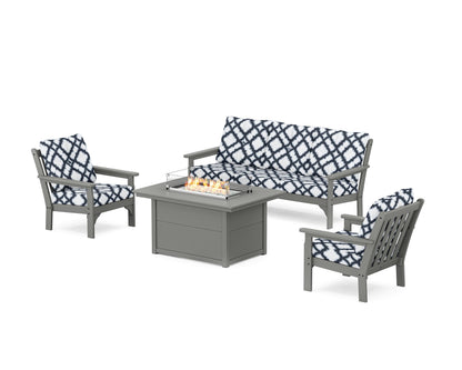 POLYWOOD® Vineyard Deep Seating Fire Pit Table Set in Slate Grey / Trellis Marine Indigo