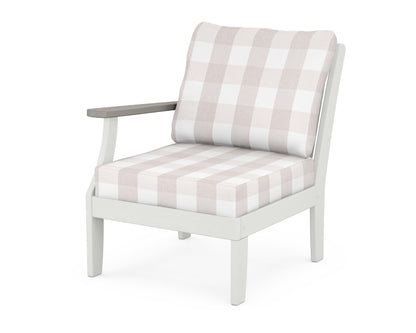 POLYWOOD® Braxton Modular Left Arm Chair in White / Driftwood / Buffalo Plaid Dune Burlap