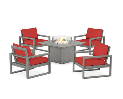POLYWOOD® EDGE Sectional 5-Piece Deep Seating Set with Fire Pit Table in Slate Grey / Crimson Linen