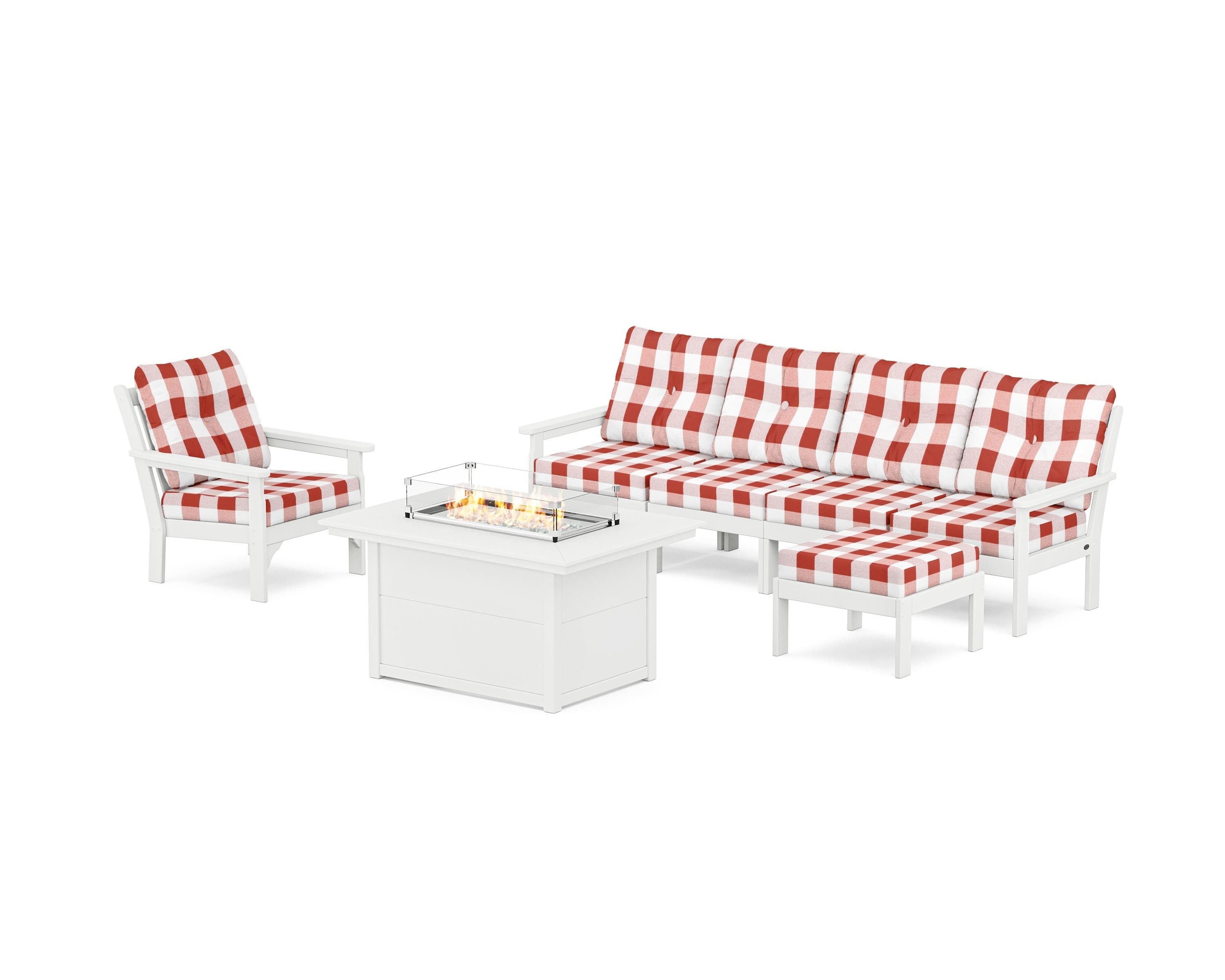 POLYWOOD® Vineyard Sectional Lounge and Fire Pit Set in White / Buffalo Plaid Crimson