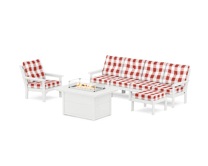 POLYWOOD® Vineyard Sectional Lounge and Fire Pit Set in White / Buffalo Plaid Crimson