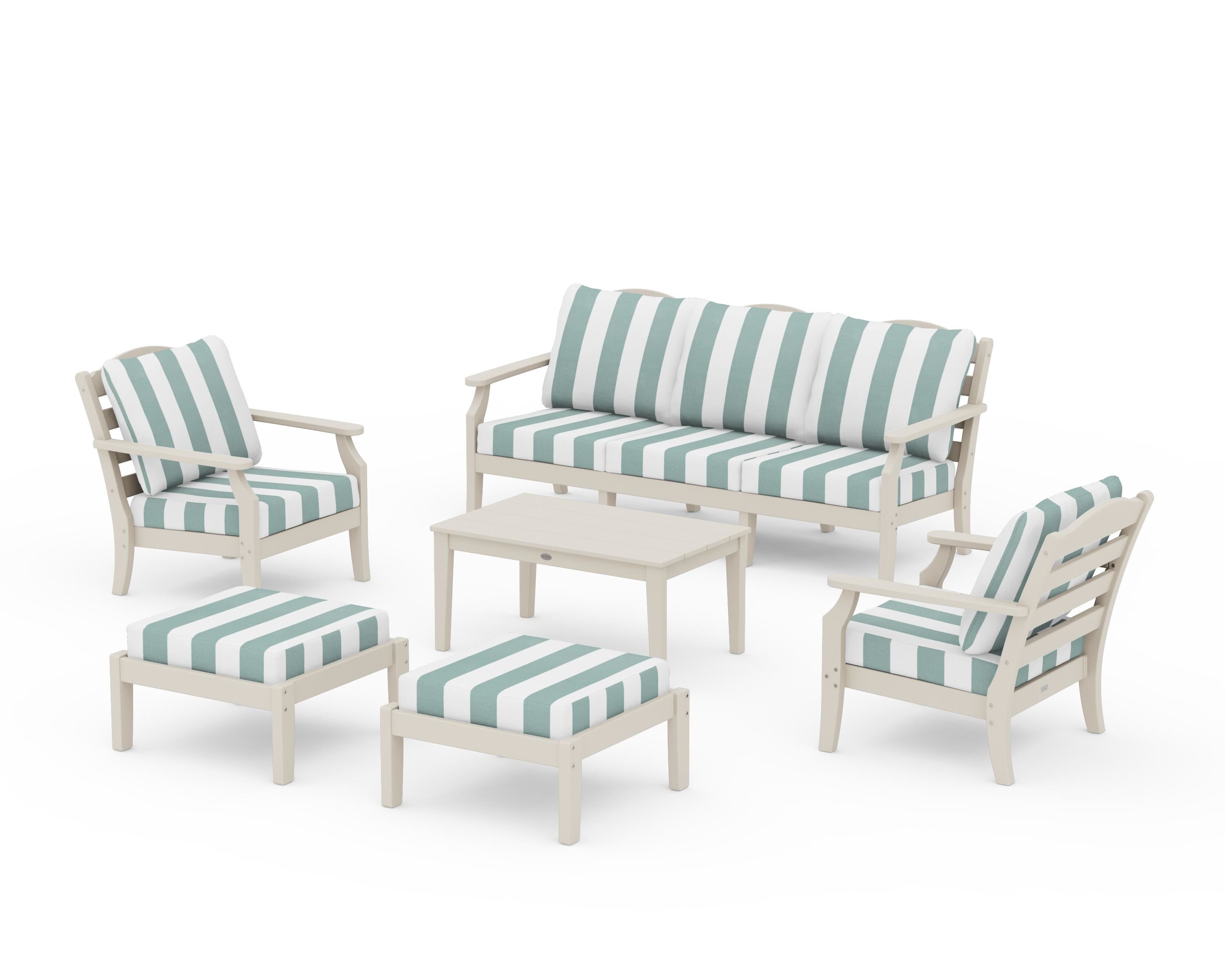 Draper James™ by  POLYWOOD® Savannah 6-Piece Lounge Sofa Set in Sand / Cabana Stripe Glacier Spa