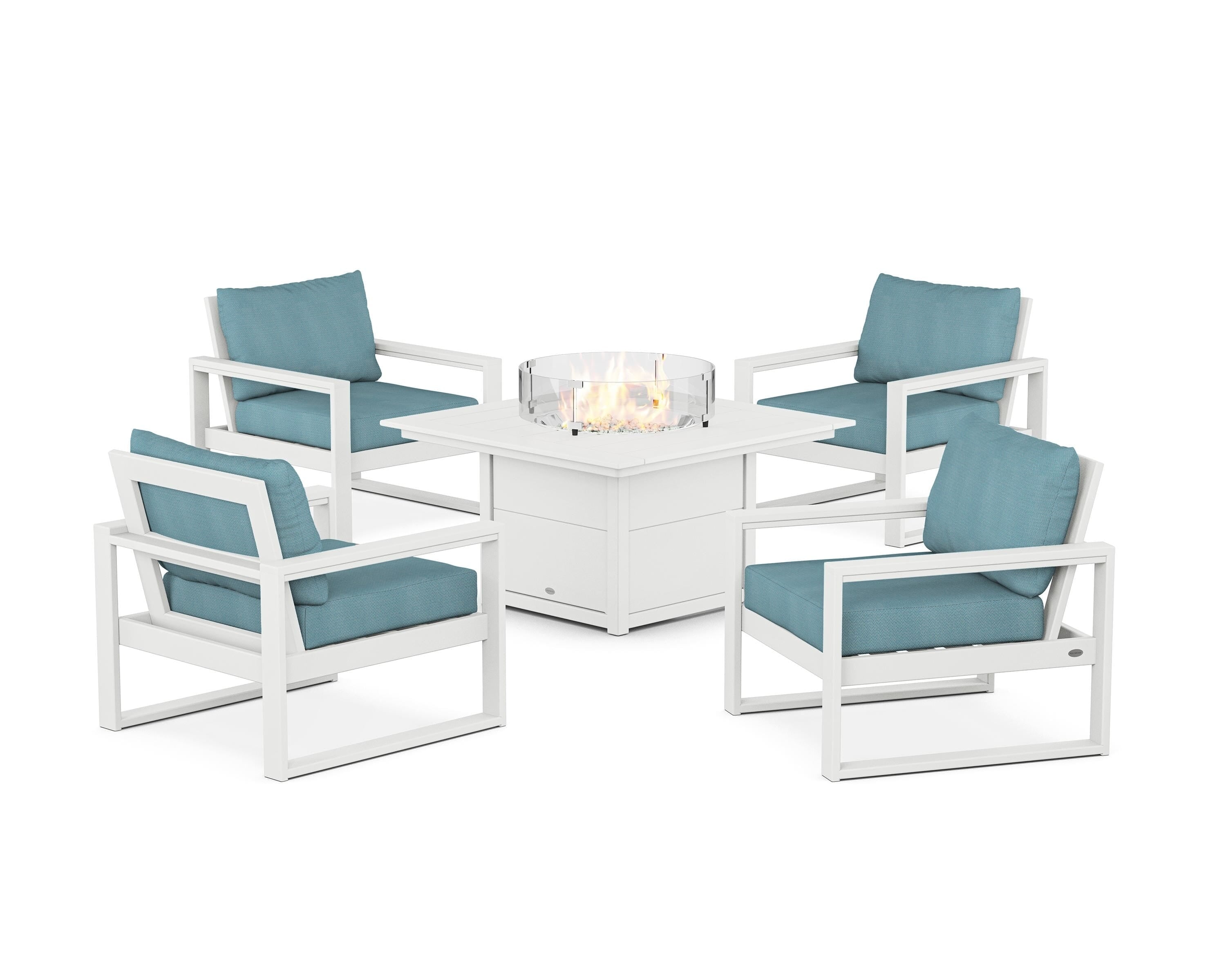 POLYWOOD® EDGE Sectional 5-Piece Deep Seating Set with Fire Pit Table in White / Lattice Sky Blue