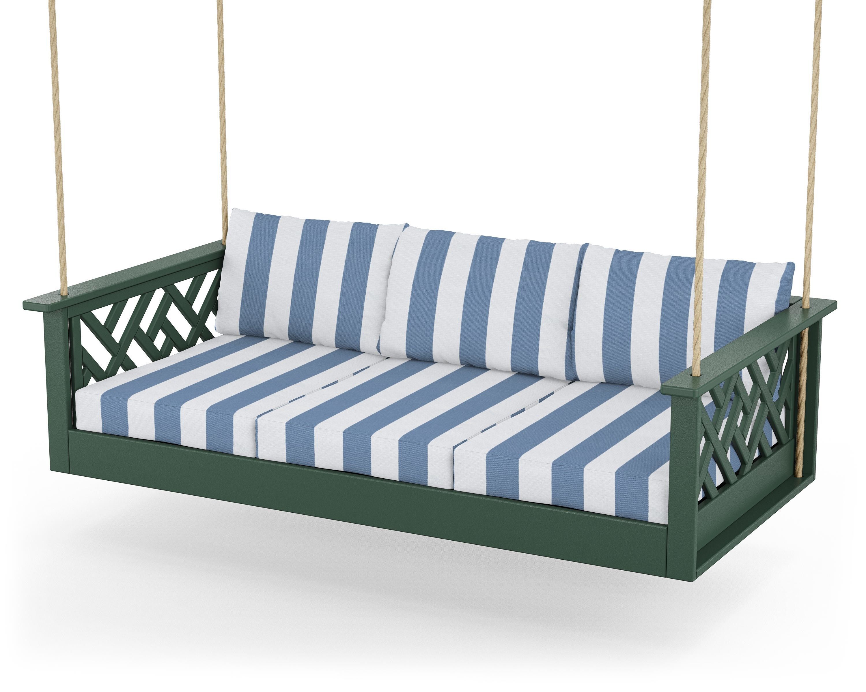 POLYWOOD® Chippendale Daybed Swing in Green / Cabana Stripe Sky Blue