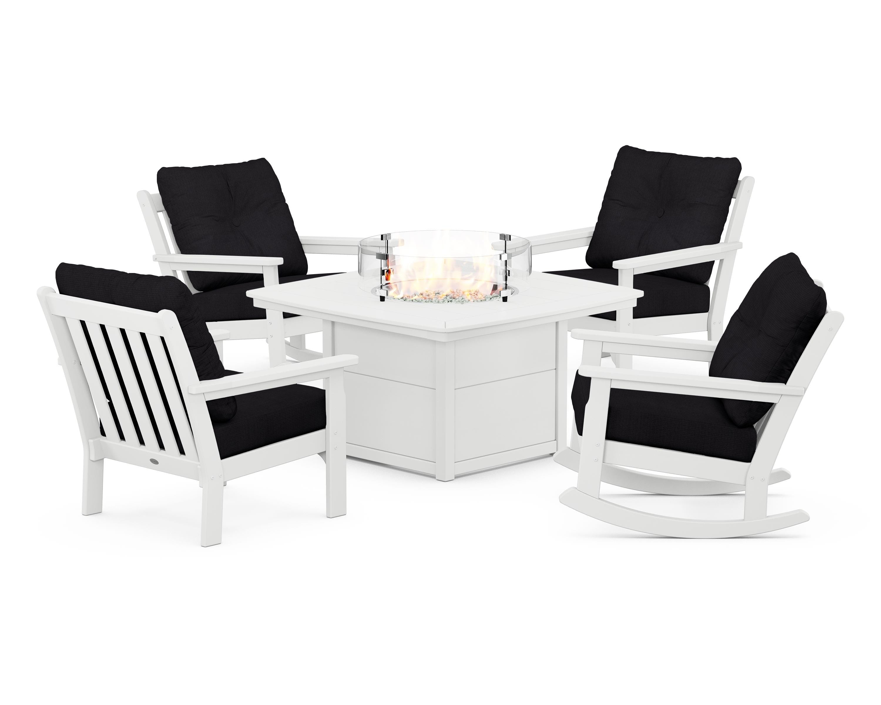 POLYWOOD® Vineyard 5-Piece Deep Seating Rocking Chair Conversation Set with Fire Pit Table in White / Midnight Linen