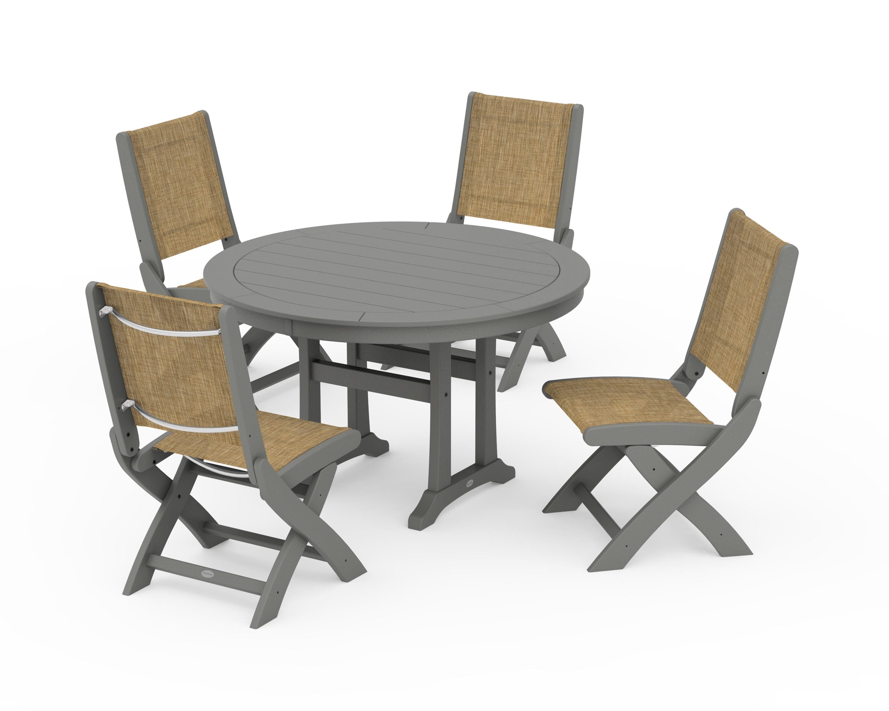 POLYWOOD® Coastal Folding Side Chair 5-Piece Round Dining Set With Trestle Legs in Slate Grey / Burlap Sling