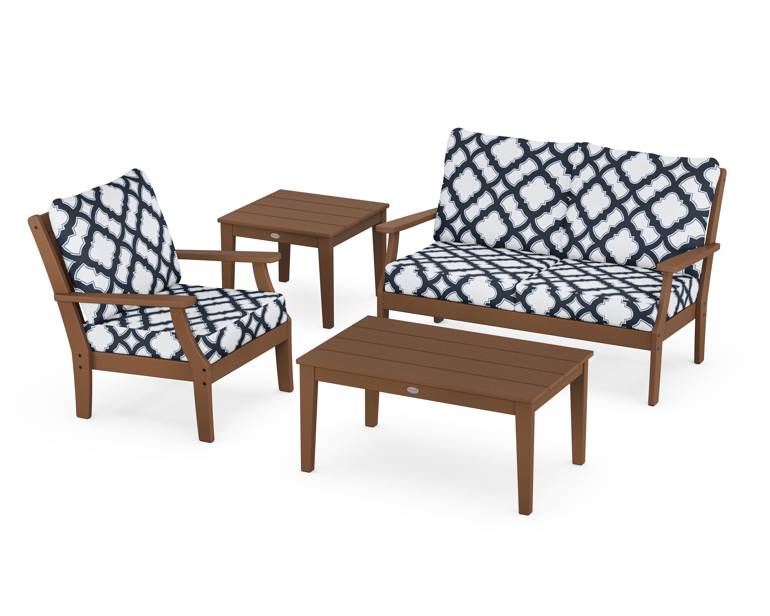 POLYWOOD® Braxton 4-Piece Deep Seating Set in Teak / Trellis Marine Indigo