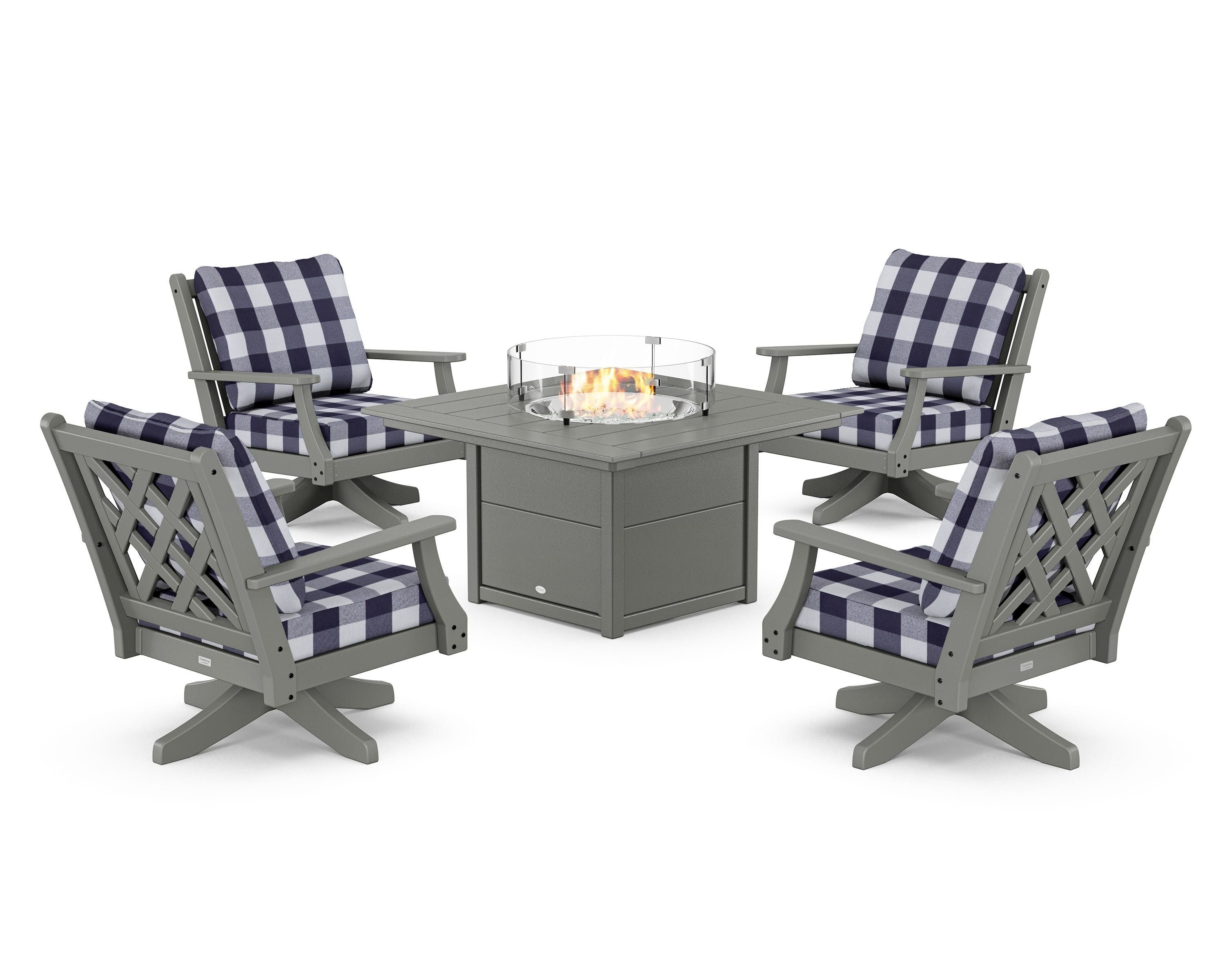 Country Living Wovendale 5-Piece Deep Seating Swivel Conversation Set with Fire Pit Table in Slate Grey / Buffalo Plaid Navy