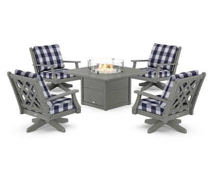 Country Living Wovendale 5-Piece Deep Seating Swivel Conversation Set with Fire Pit Table in Slate Grey / Buffalo Plaid Navy