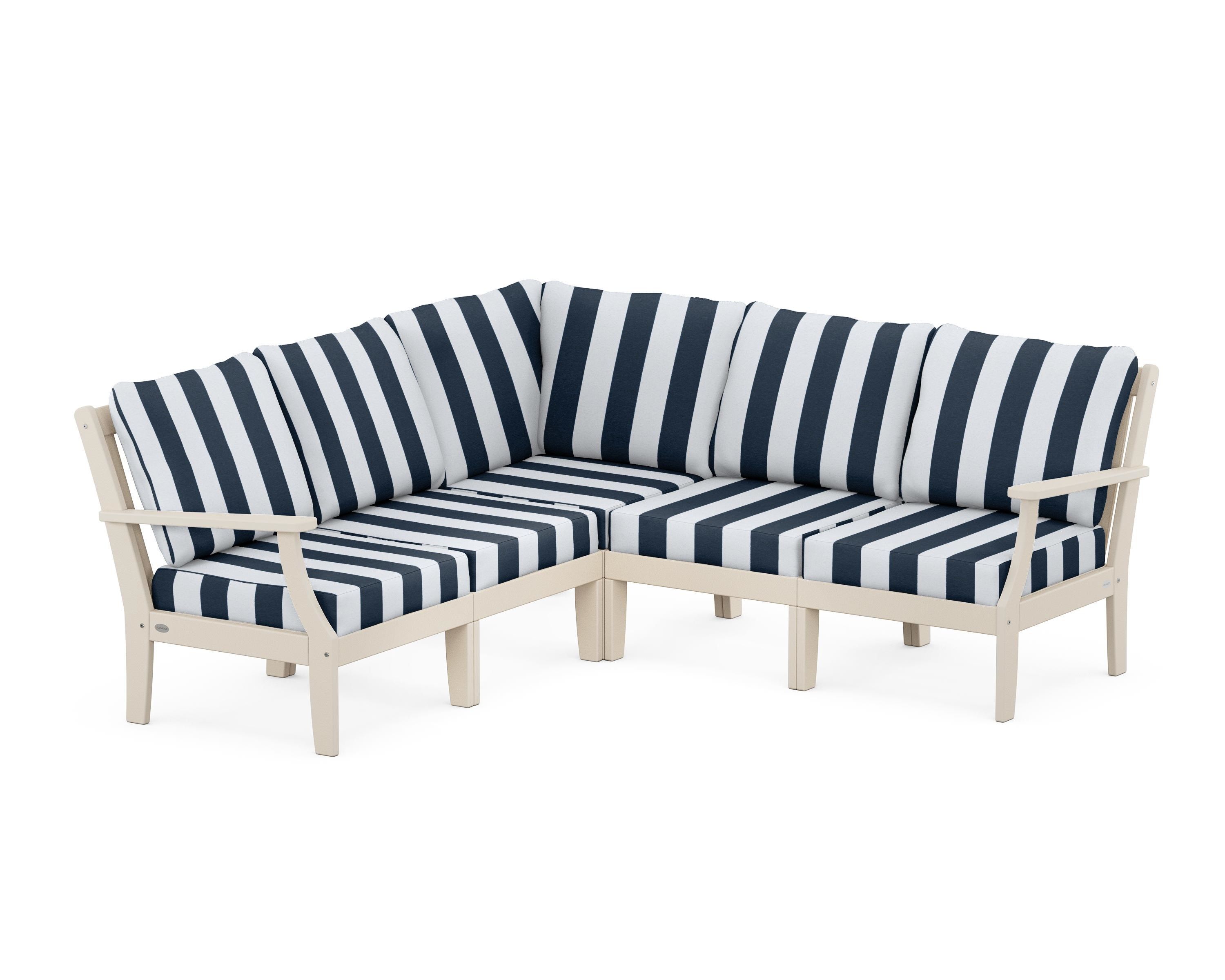 POLYWOOD® Braxton Modular 5-Piece Deep Seating Set in Sand / Cabana Stripe Marine Indigo