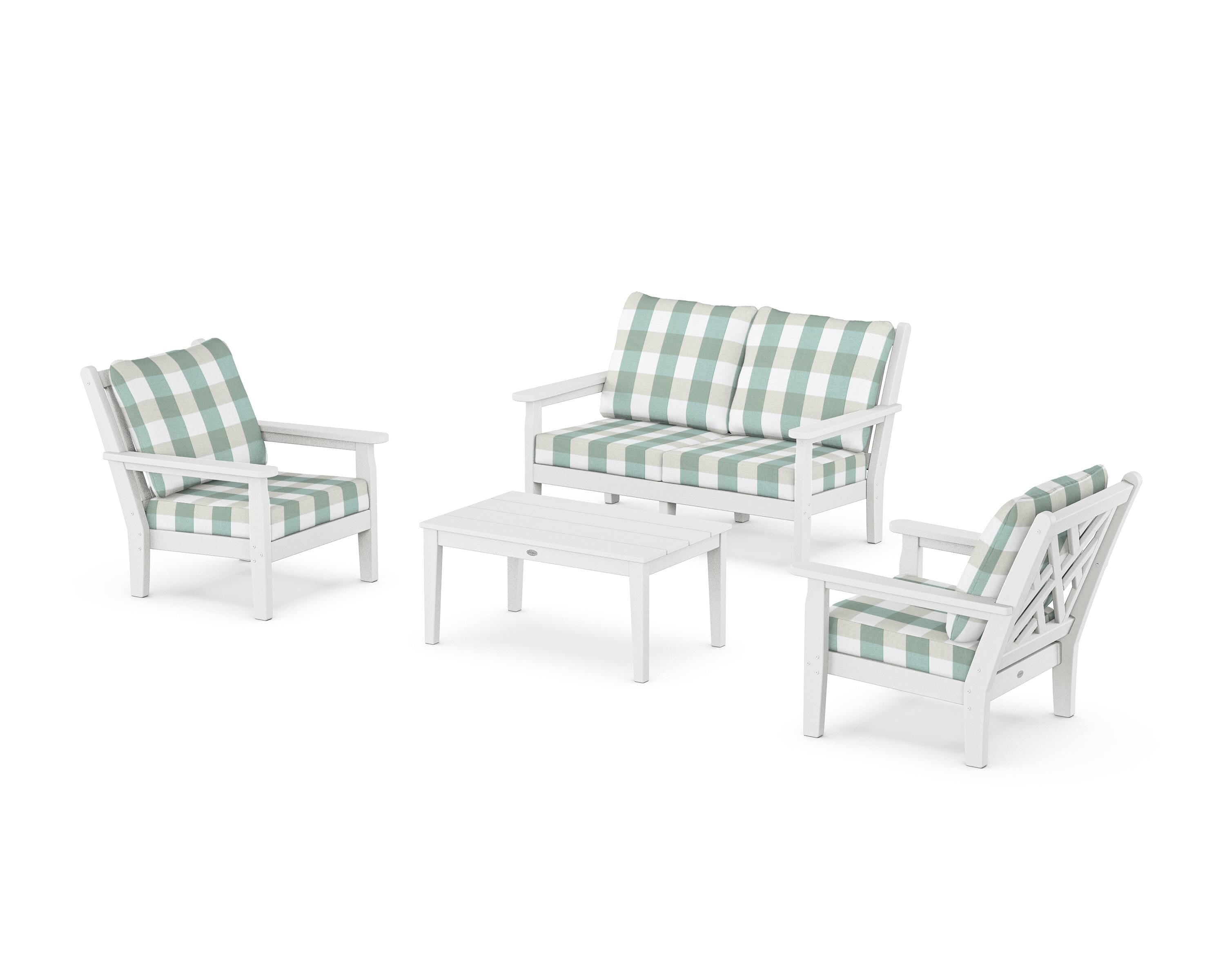 POLYWOOD® Chippendale 4-Piece Deep Seating Set with Loveseat in White / Buffalo Plaid Glacier Spa