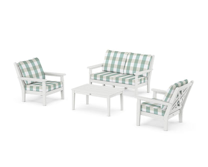 POLYWOOD® Chippendale 4-Piece Deep Seating Set with Loveseat in White / Buffalo Plaid Glacier Spa