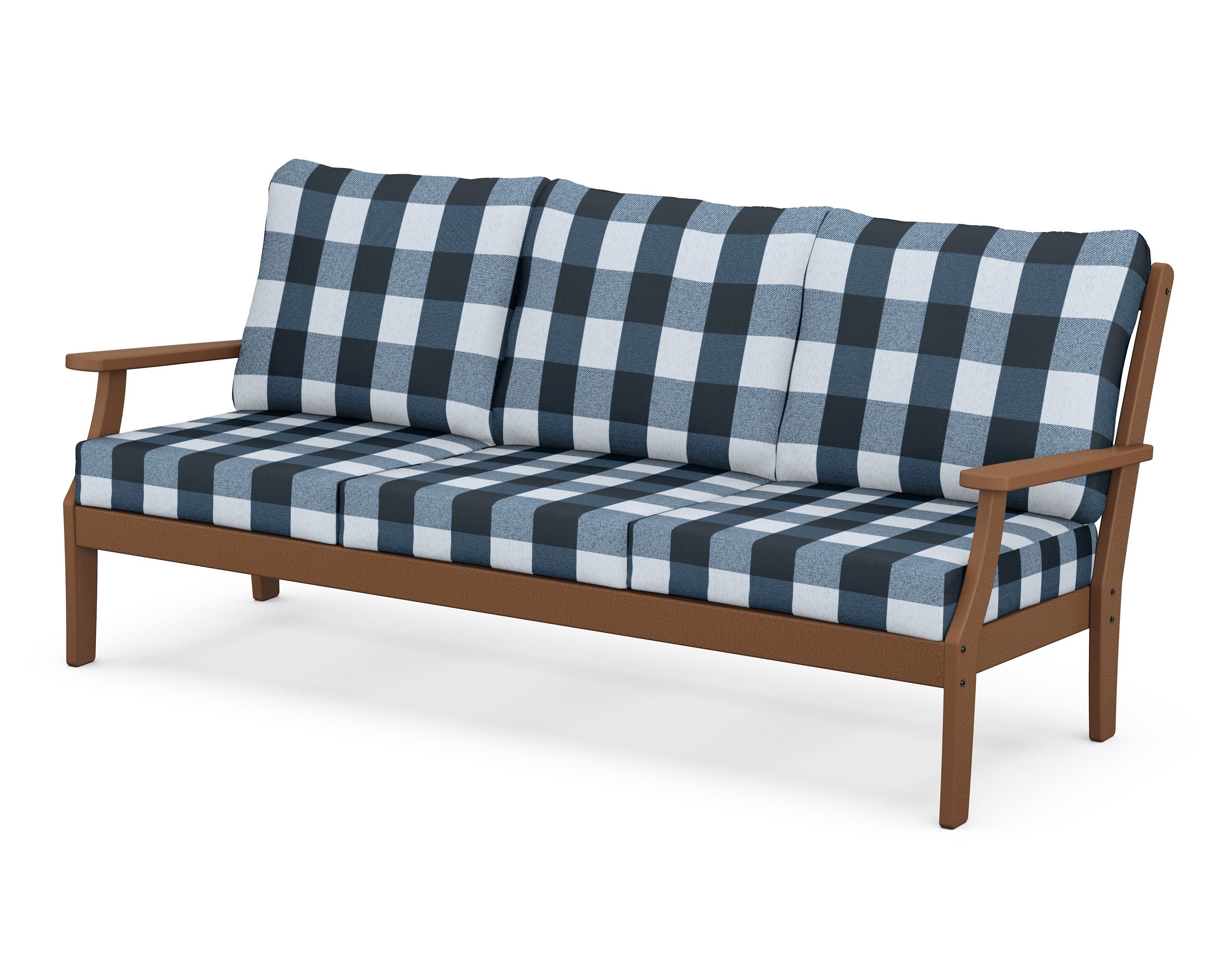 POLYWOOD® Braxton Deep Seating Sofa in Teak / Buffalo Plaid Marine Indigo