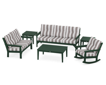 POLYWOOD® Vineyard 6-Piece Deep Seating Set in Green / Cabana Stripe Grey Mist