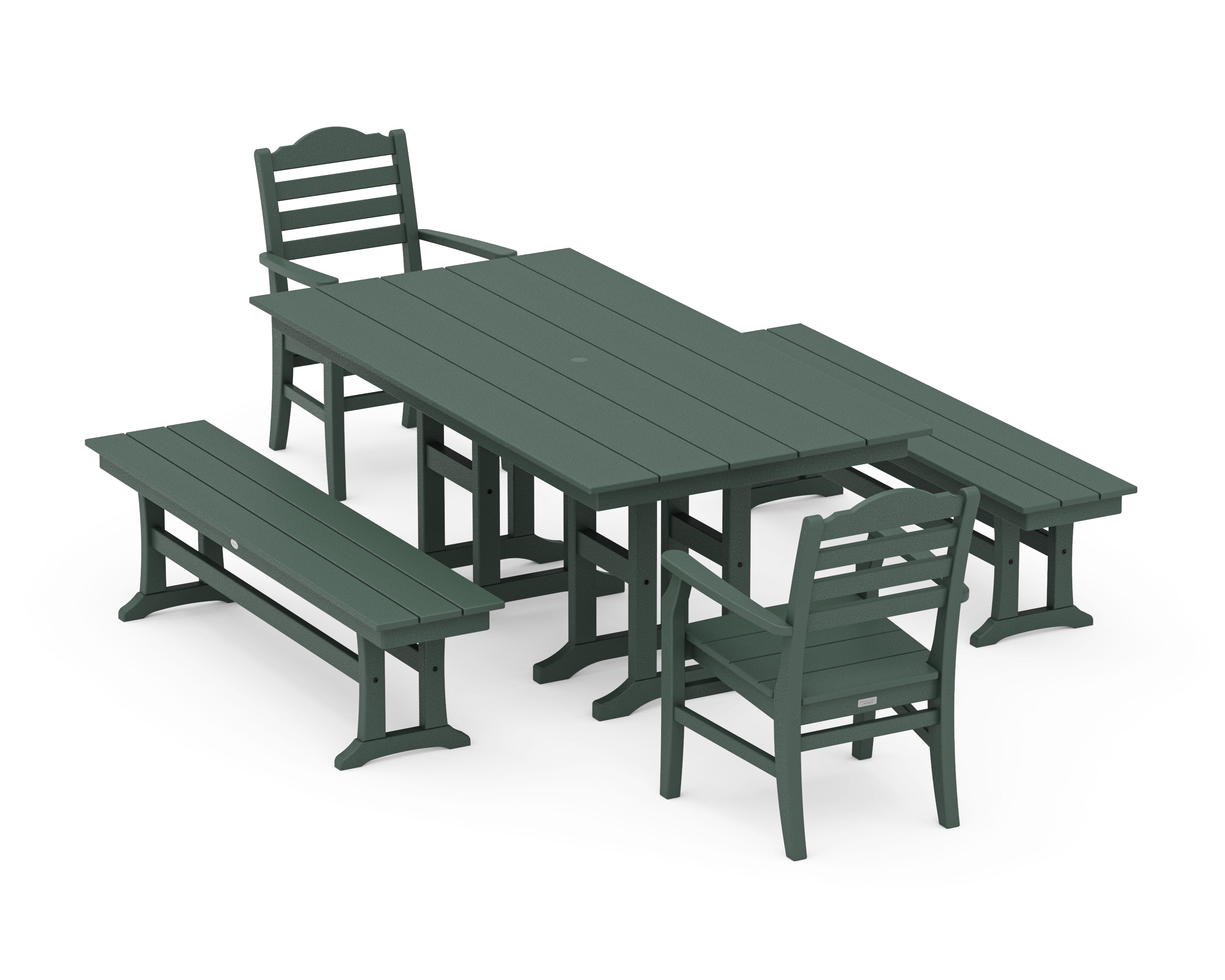 POLYWOOD® Savannah 5-Piece Farmhouse Dining Set with Benches in Green