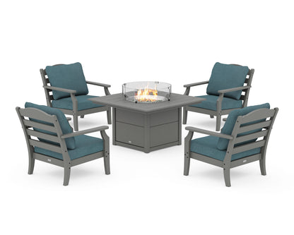 Draper James™ by  POLYWOOD® Savannah 5-Piece Deep Seating Set with Fire Pit Table in Slate Grey / Ocean Teal