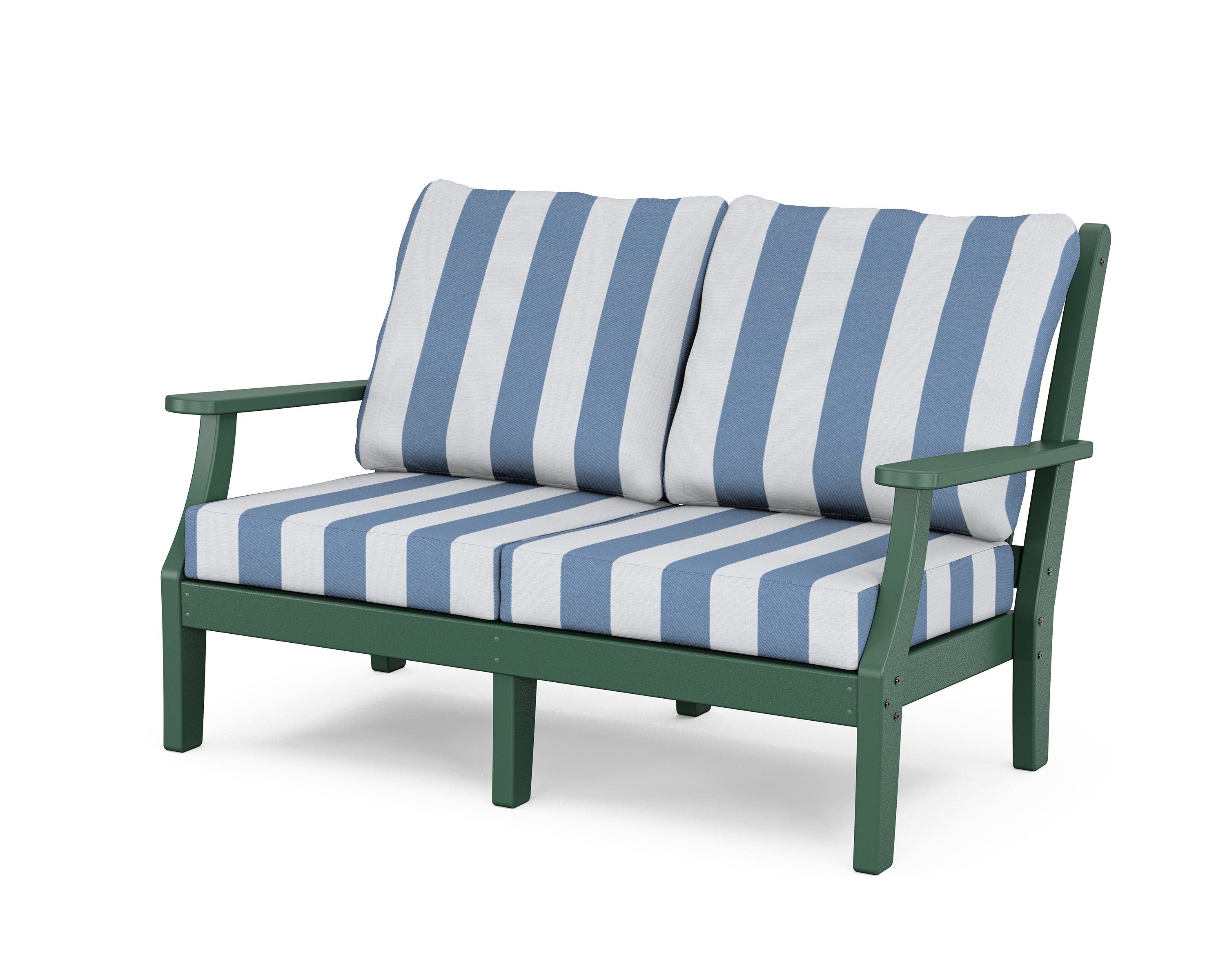 Country Living Wovendale Deep Seating Loveseat in Green / Cabana Stripe Sky Blue