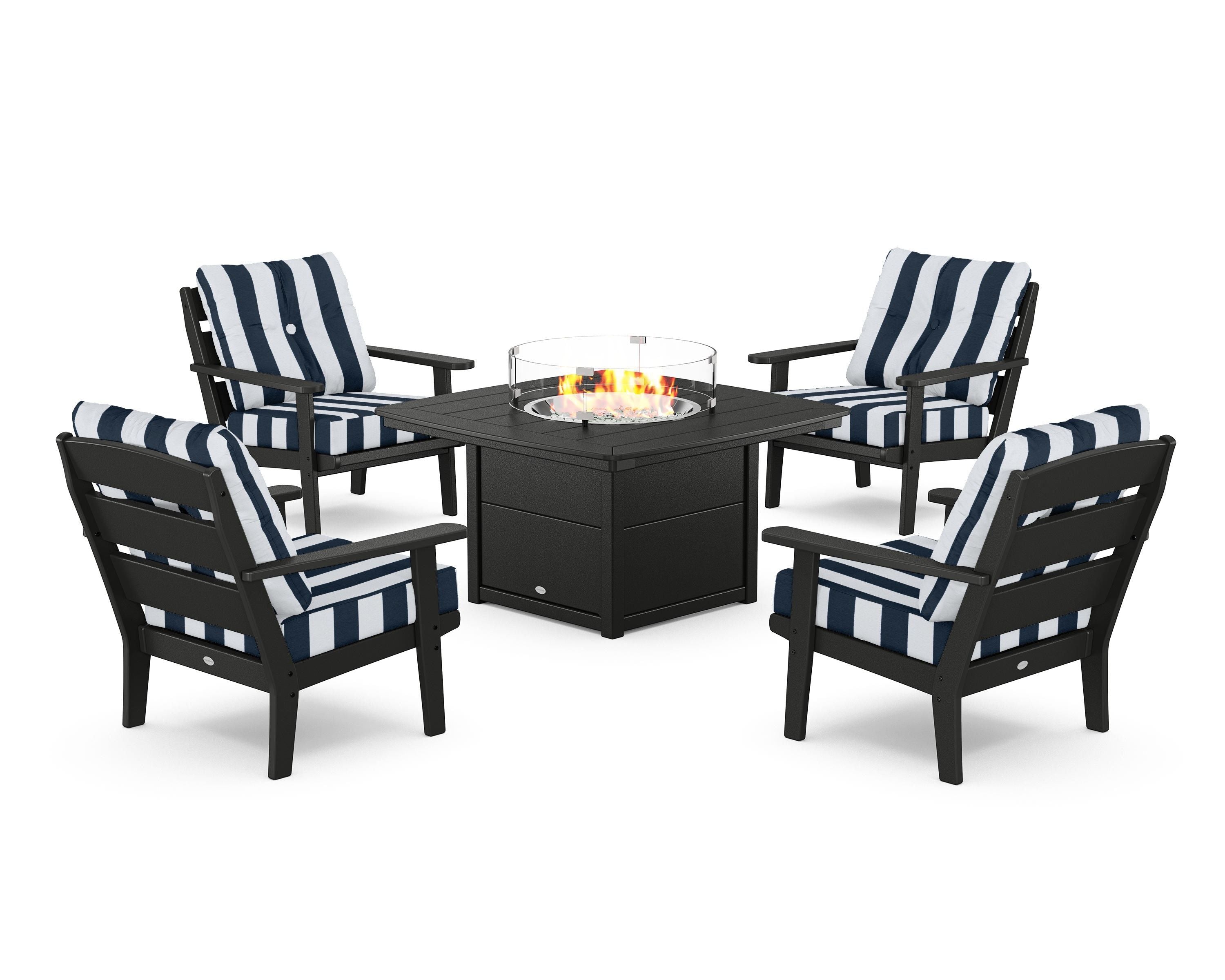 POLYWOOD® Lakeside 5-Piece Deep Seating Set with Nautical Fire Pit Table in Black / Cabana Stripe Marine Indigo