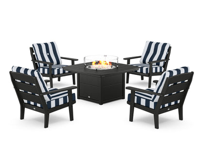 POLYWOOD® Lakeside 5-Piece Deep Seating Set with Nautical Fire Pit Table in Black / Cabana Stripe Marine Indigo