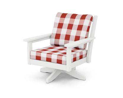 POLYWOOD® Chippendale Deep Seating Swivel Chair in White / Buffalo Plaid Crimson