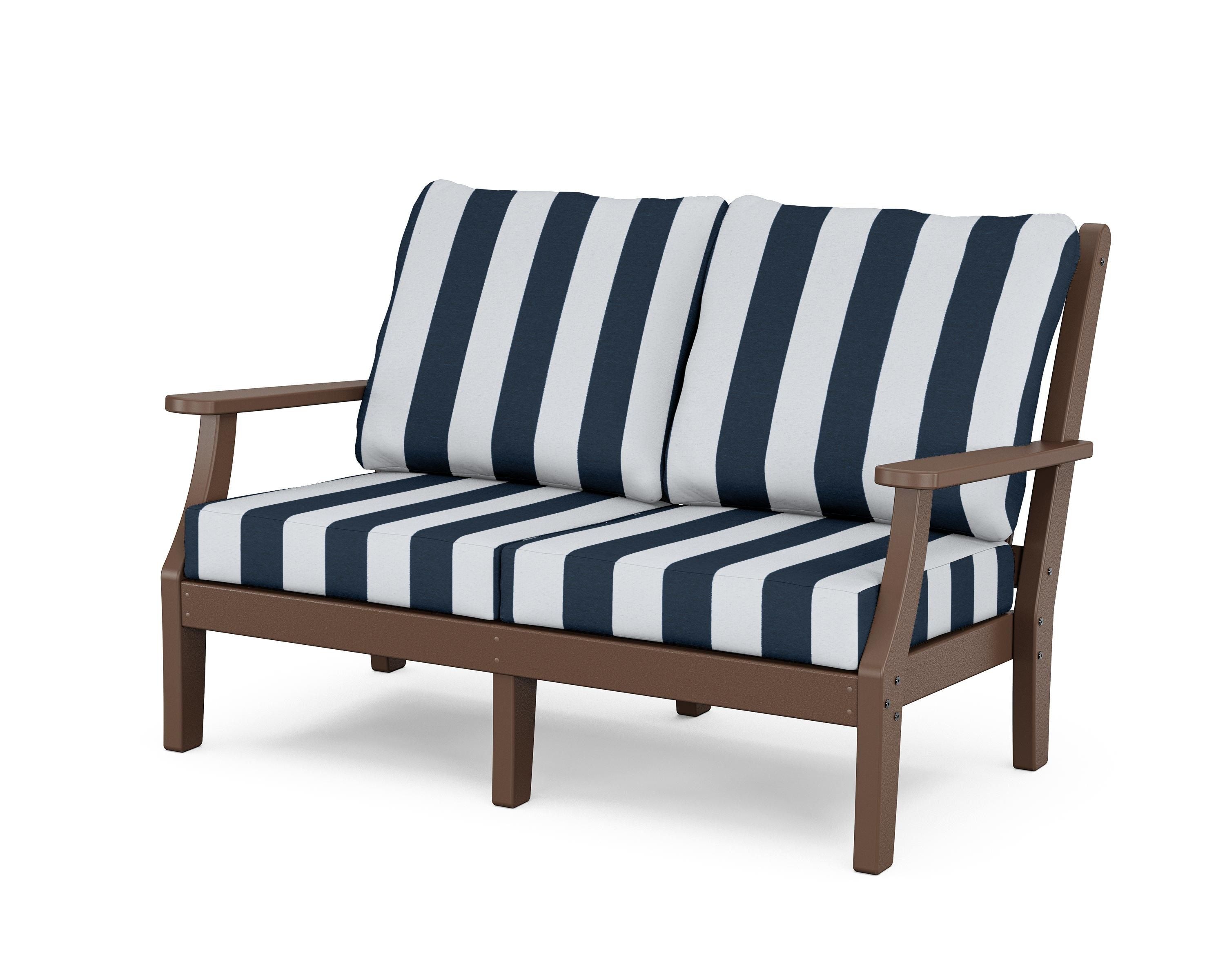 Country Living Wovendale Deep Seating Loveseat in Mahogany / Cabana Stripe Marine Indigo