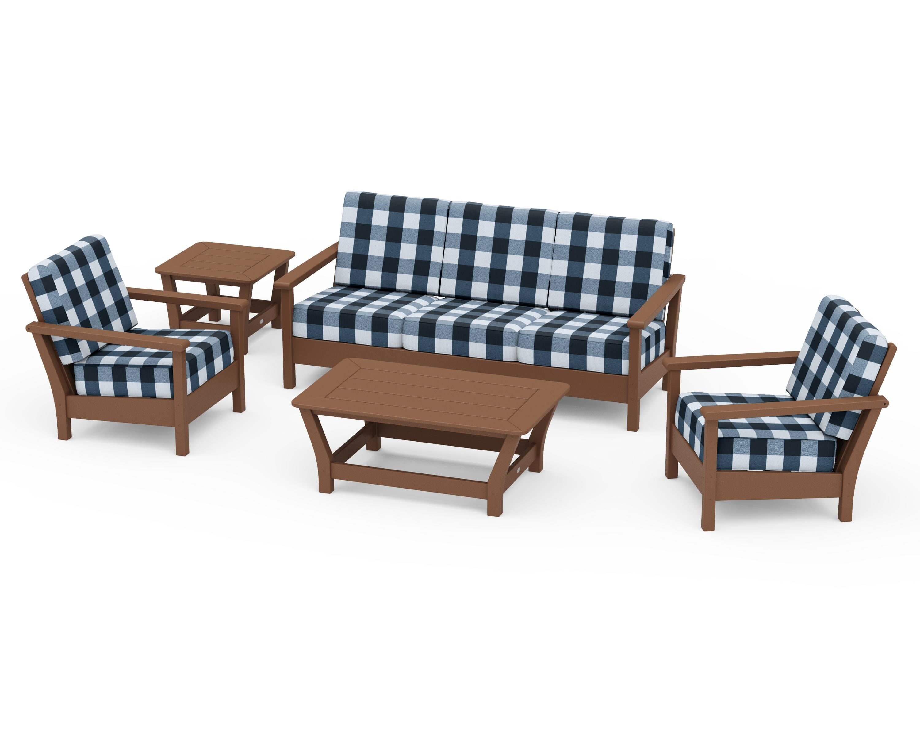 POLYWOOD® Harbour 5-Piece Deep Seating Set in Teak / Buffalo Plaid Marine Indigo