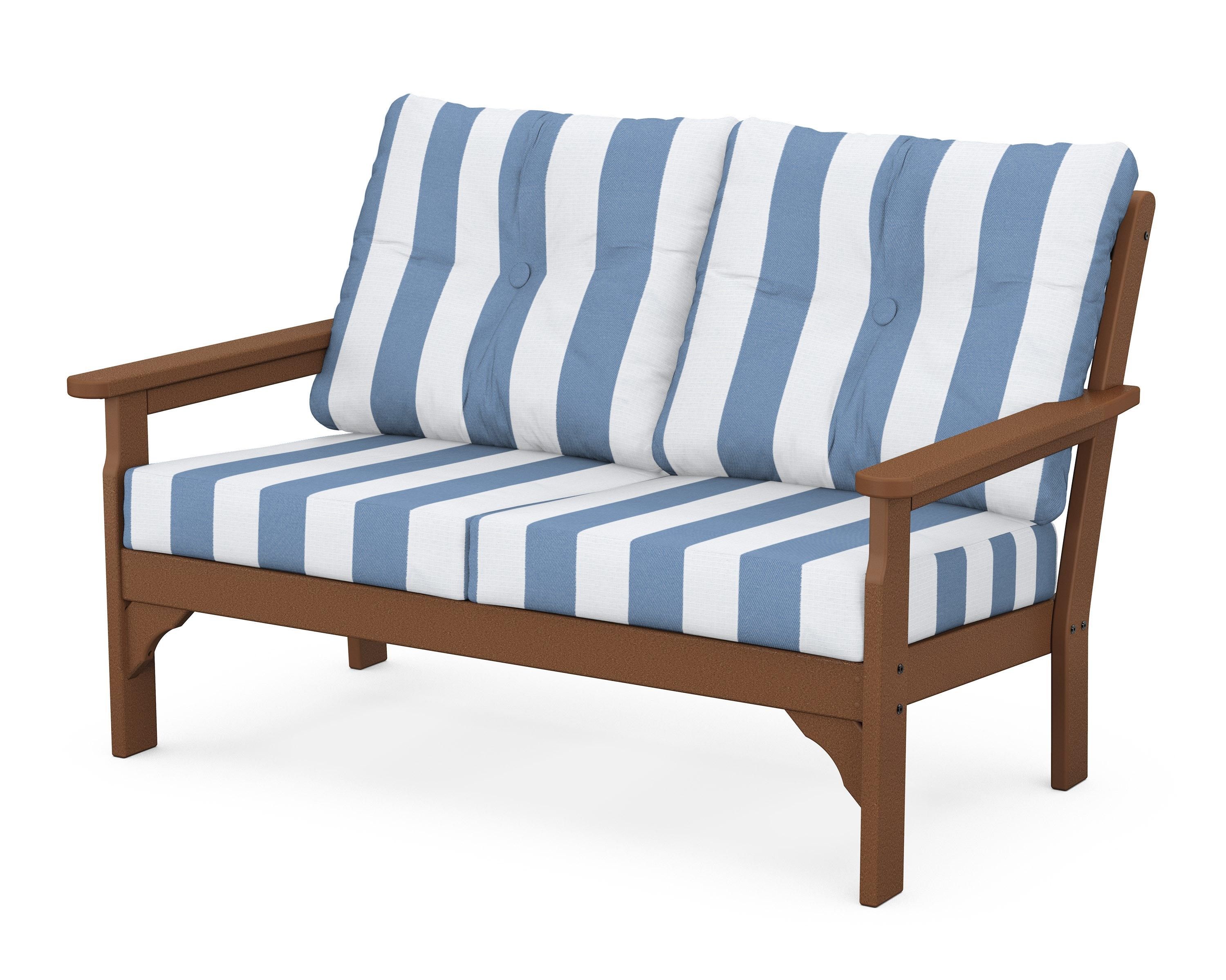 POLYWOOD® Vineyard Deep Seating Loveseat in Teak / Cabana Stripe Sky Blue