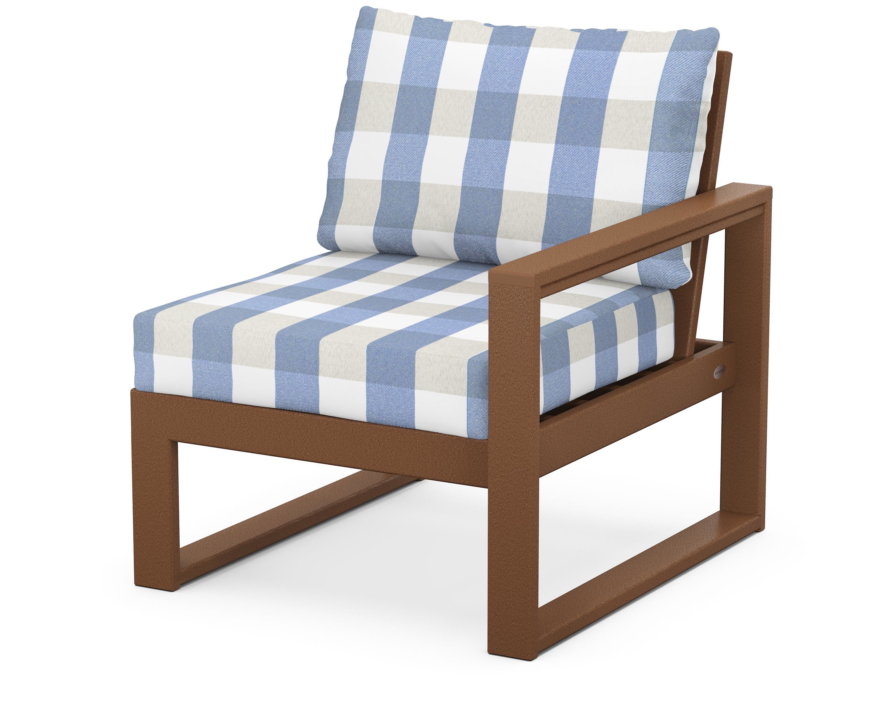 POLYWOOD® EDGE Modular Right Arm Chair in Teak / Buffalo Plaid Sky Blue