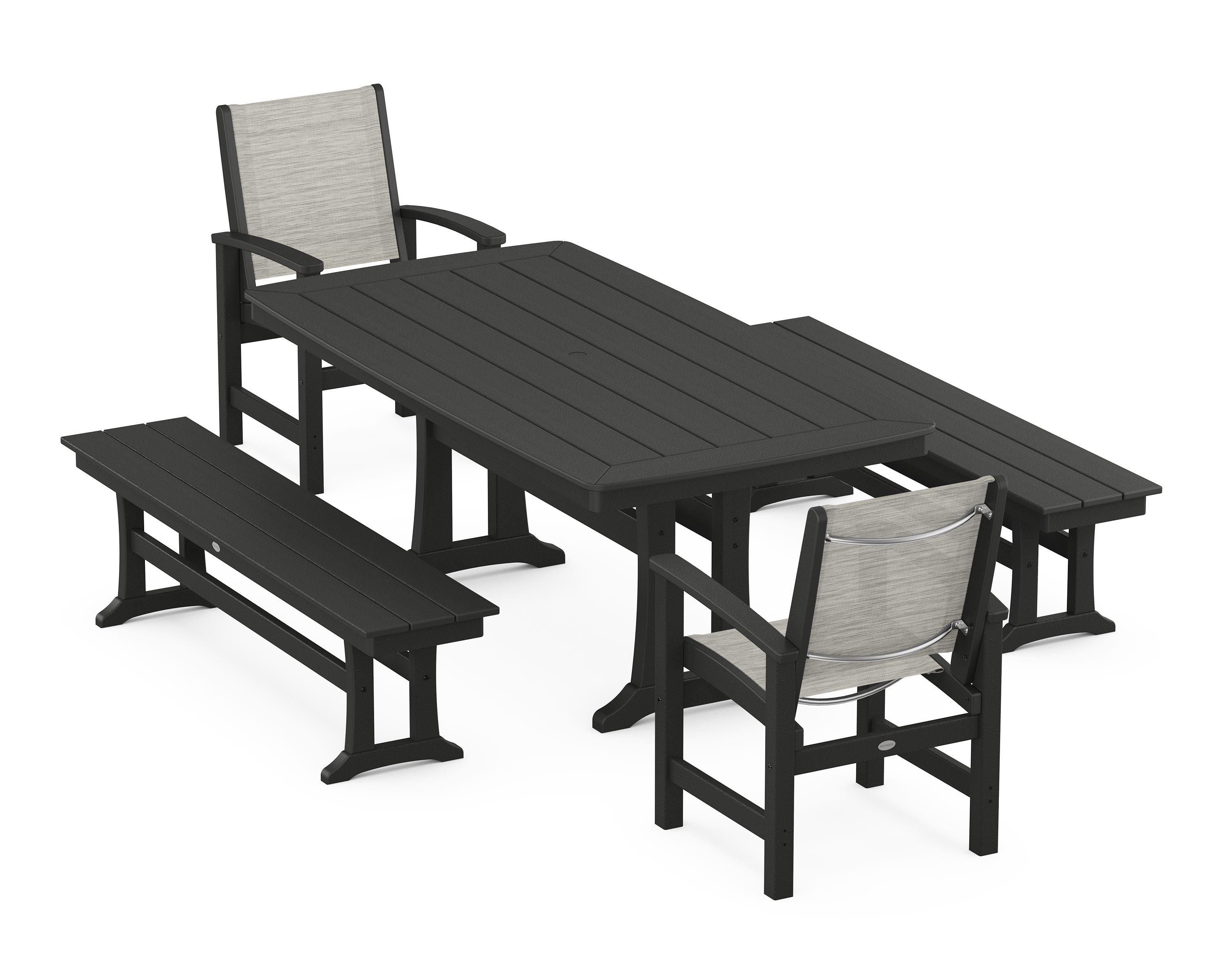 POLYWOOD® Coastal 5-Piece Dining Set with Trestle Legs and Benches in Black / Birch Sling