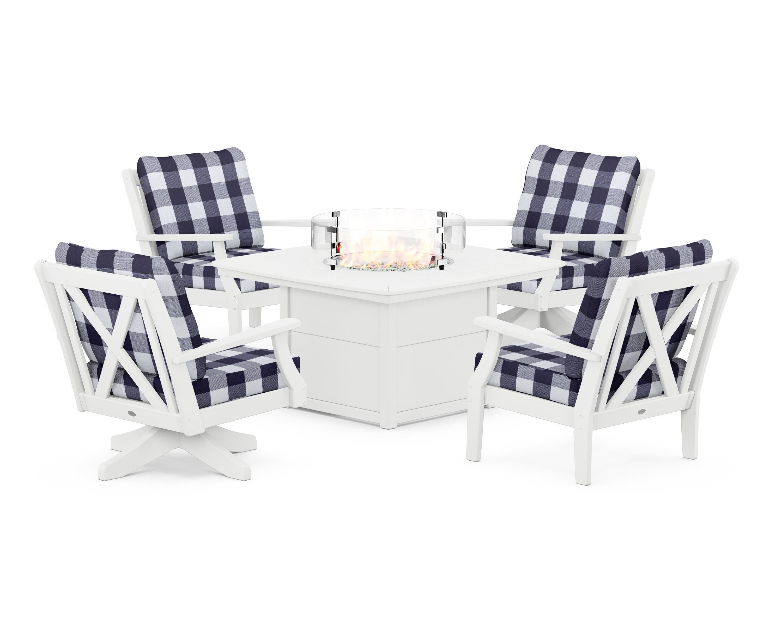 POLYWOOD® Braxton 5-Piece Deep Seating Set with Fire Table in White / Buffalo Plaid Navy