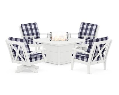 POLYWOOD® Braxton 5-Piece Deep Seating Set with Fire Table in White / Buffalo Plaid Navy