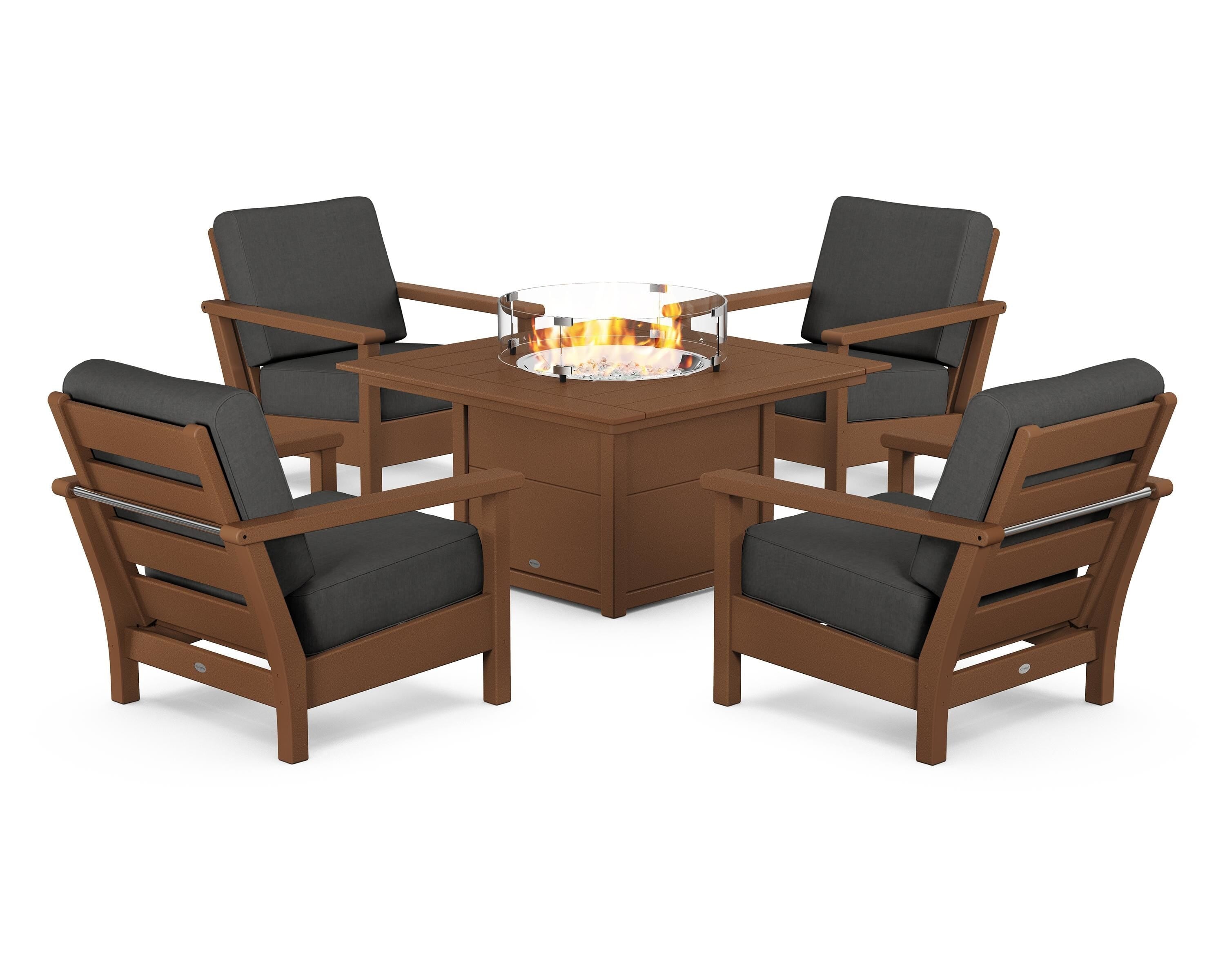 POLYWOOD® Harbour 5-Piece Conversation Set with Fire Pit Table in Teak / Spectrum Carbon